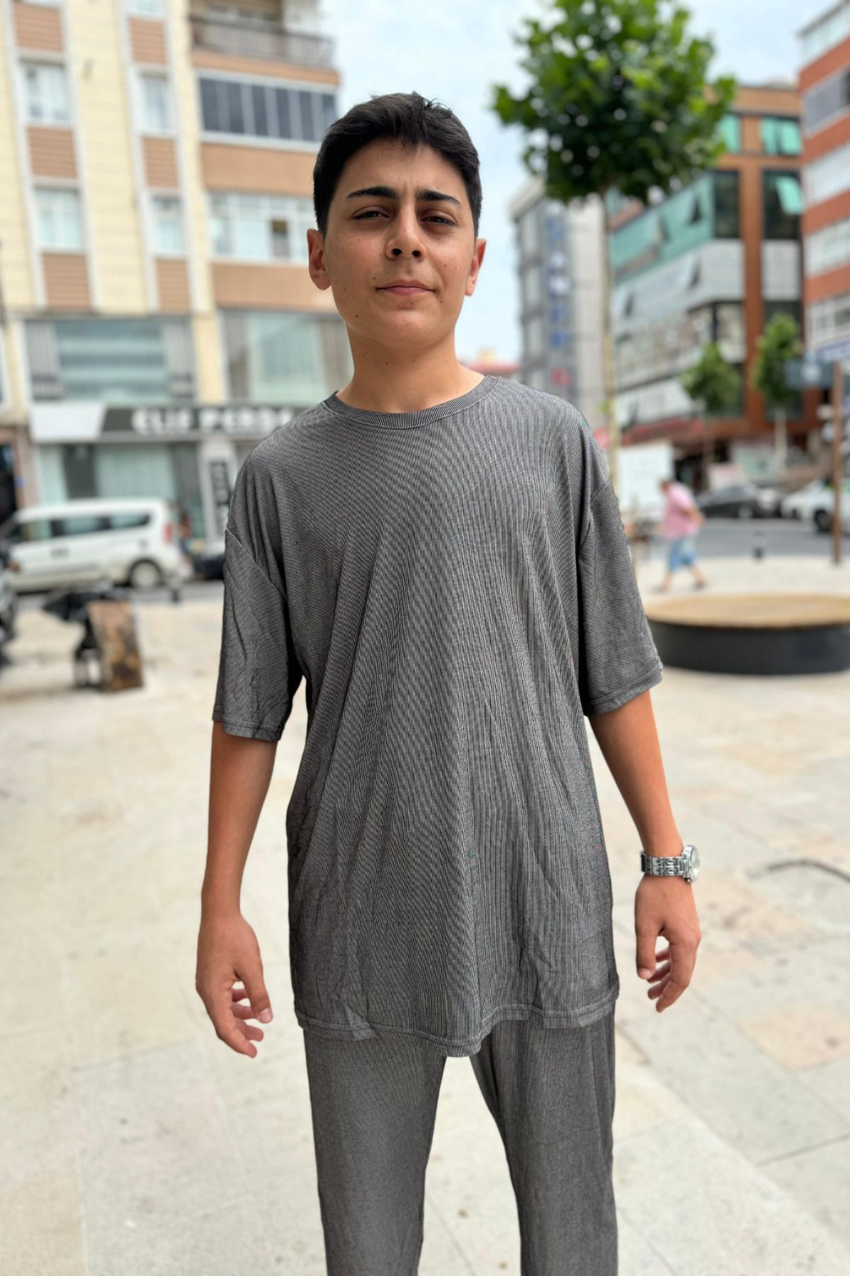 Erkek Oversize Comfort Çizgili Penye Kısa Kollu T-shirt - Çok Renkli - 1