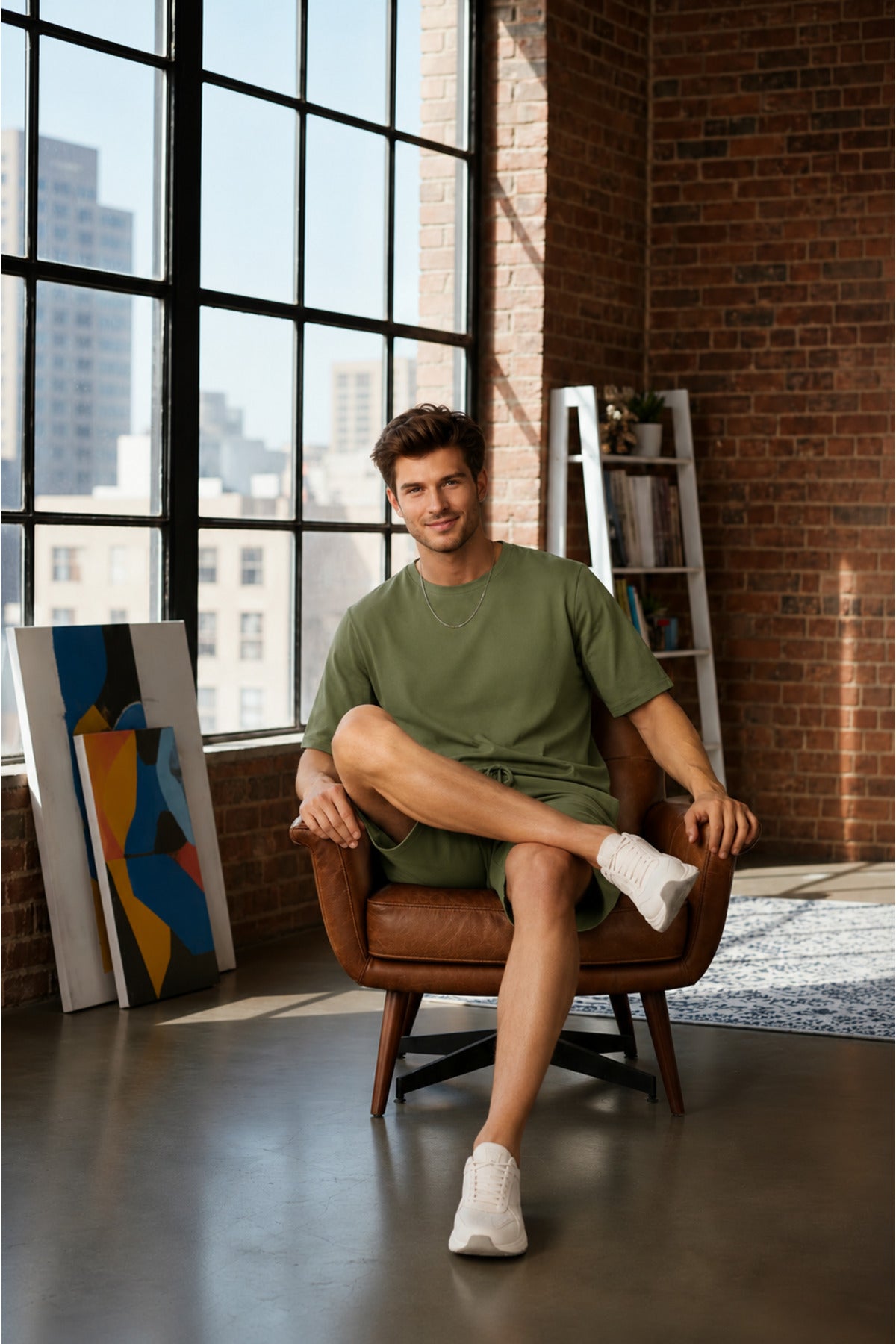 Erkek Modern Ressam Stili Sanat Atölyesi Konseptli Oversize Şortlu Rahat Takım - Yeşil - 5