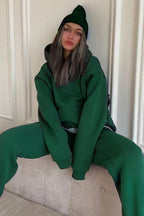 Kadın Hoodie Kanguru Cep Kapşonlu Sweatshirt Paçası Lastikli Alt Eşofman Takımı - Koyu Yeşil - 3