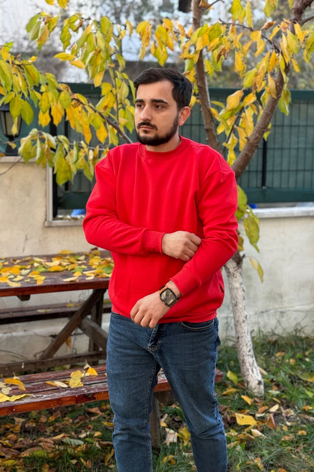 Erkek Kırmızı Bisiklet Yaka İçi Polarlı 3 İplik Pamuklu Regular Fit Unisex Sweatshirt - Kırmızı - 4