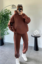 Kadın Oversize Trend Model Kanguru Cep Kapşonlu Sweatshirt Eşofman Takımı - Kahverengi - 1