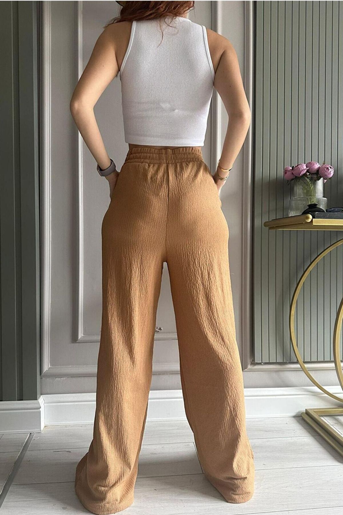 Kadın Palazzo Cepli Süper Yüksek Bel Pantolon Dökümlü Bürümcük - CAMEL - 2