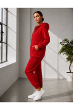 Kadin 3 İ̇pli̇ş Kapüşonlu Fermuarli Sweatshirt Hirka Yüksek Bel Jogger Eşofman Takimi - Kırmızı - 3
