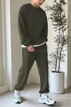 Erkek Bisiklet Yaka Oversize Jogger Paçası Lastikli Alt Üst Eşofman Takımı - Haki - 2