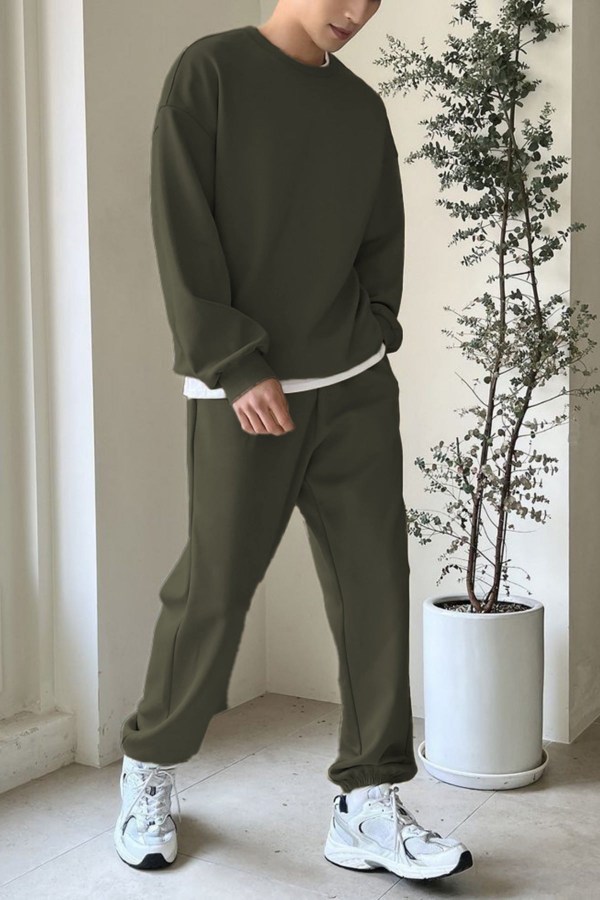 Erkek Bisiklet Yaka Oversize Jogger Paçası Lastikli Alt Üst Eşofman Takımı - Haki - 2