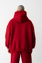 Erkek Bol Kesim Oversize 3 İplik İçi Pamuklu Şardonlu Kanguru Cep Kapşonlu Kışlık Hoodie Sweatshirt - Kırmızı - 3