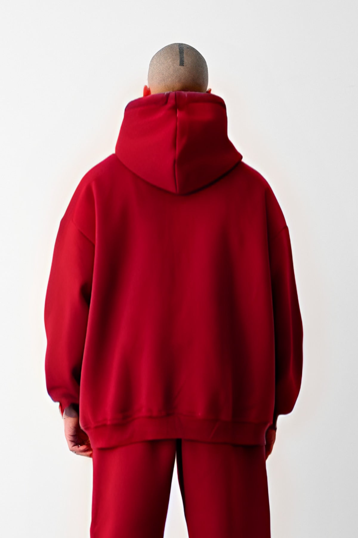 Erkek Bol Kesim Oversize 3 İplik İçi Pamuklu Şardonlu Kanguru Cep Kapşonlu Kışlık Hoodie Sweatshirt - Kırmızı - 3