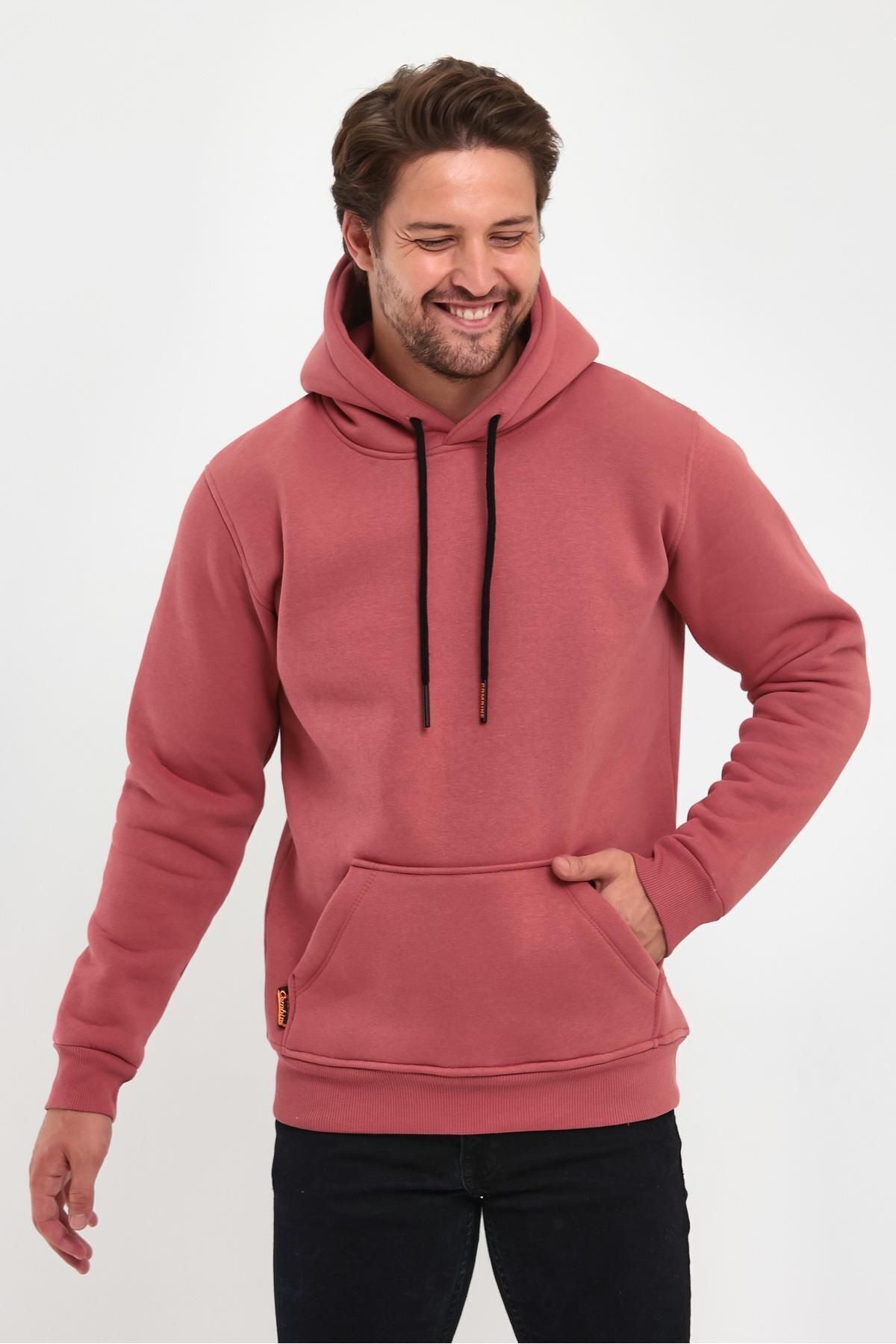 Erkek Kapşonlu Kanguru Cep Sweatshirt - Mürdüm Melanj - 2