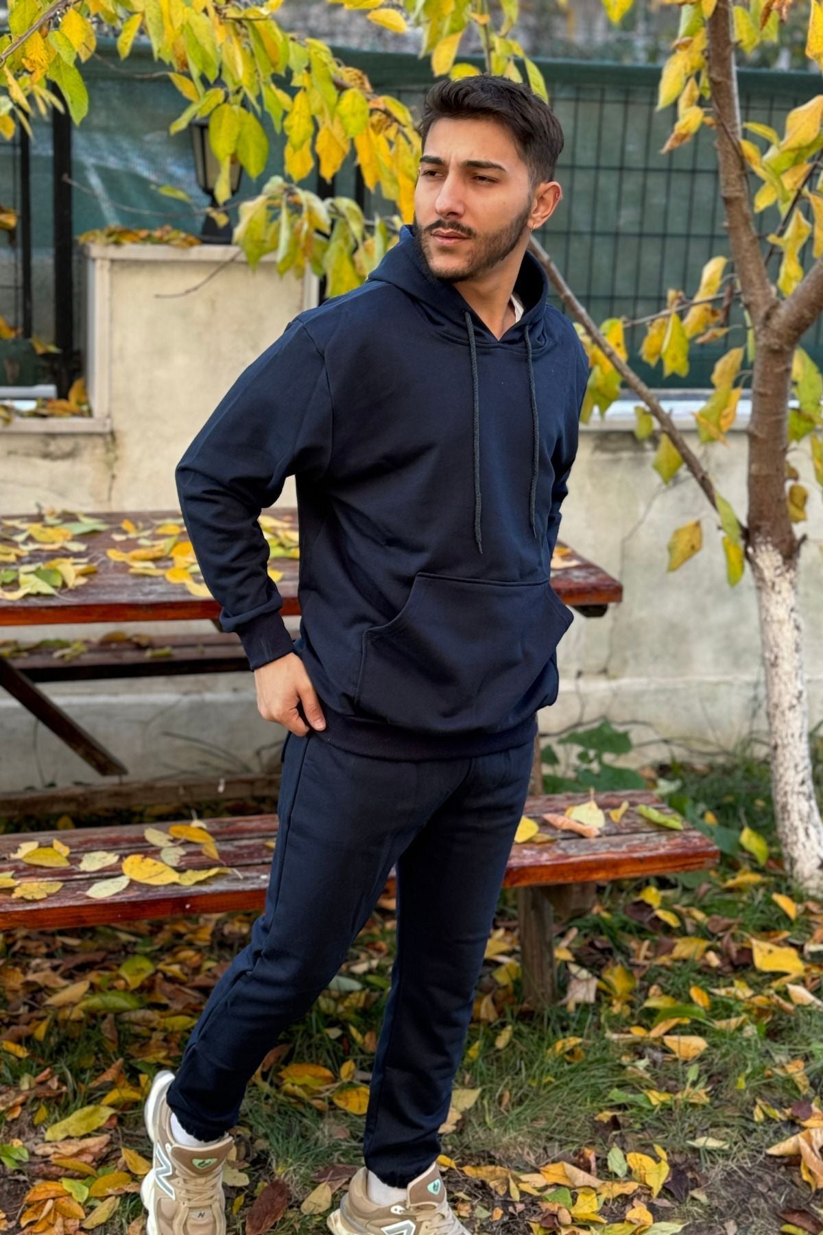 Ob Comfort Kapşonlu Kanguru Cep Oversize Lastik Paça Lacivert Eşofman Takımı - Lacivert - 4