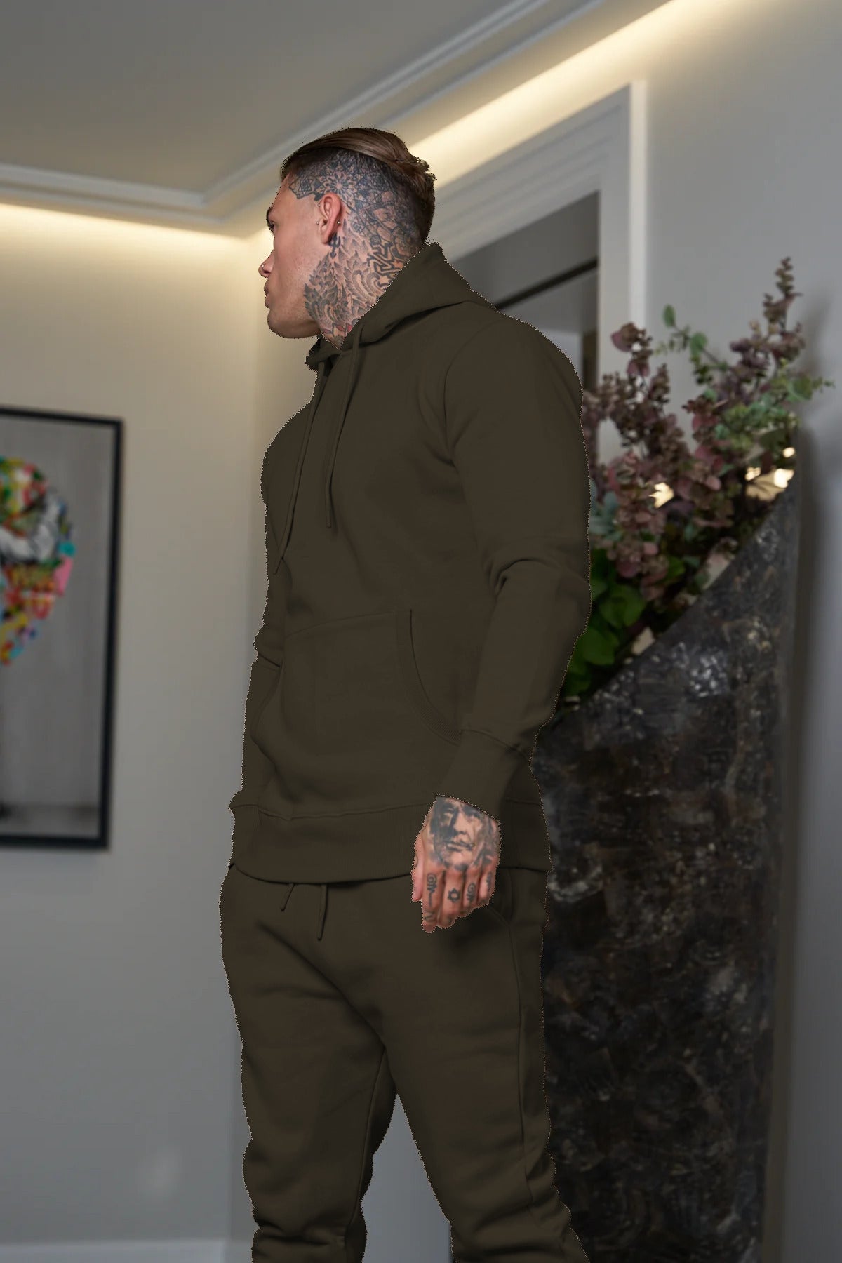Erkek 3 İ̇plik İ̇çi Pamuklu Bol Basic Jogger Paçası Lastikli Eşofman Takımı - Haki - 4