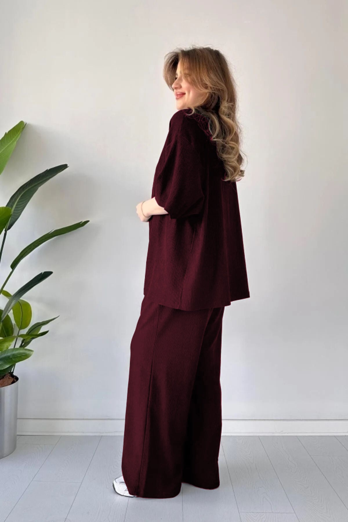 Kadın Dökümlü Bürümcük Yazlık Kimono Takım - Mor - 2
