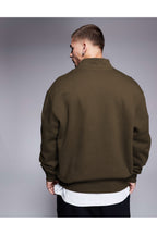 Erkek Yarım Fermuarlı Basic Oversize Dik Yaka Sweatshirt Kazak - Haki - 2