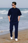 Erkek Lacivert Oversize Kısa Kollu Yazlık Eşofman Takımı - Navy Blue - 1