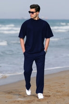 Erkek Lacivert Oversize Kısa Kollu Yazlık Eşofman Takımı - Navy Blue - 1