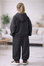 Çocuk Kapşonlu 3 İ̇plik Şardonlu Beli Bağlamalı Oversize Eşofman Takımı - Füme - 3