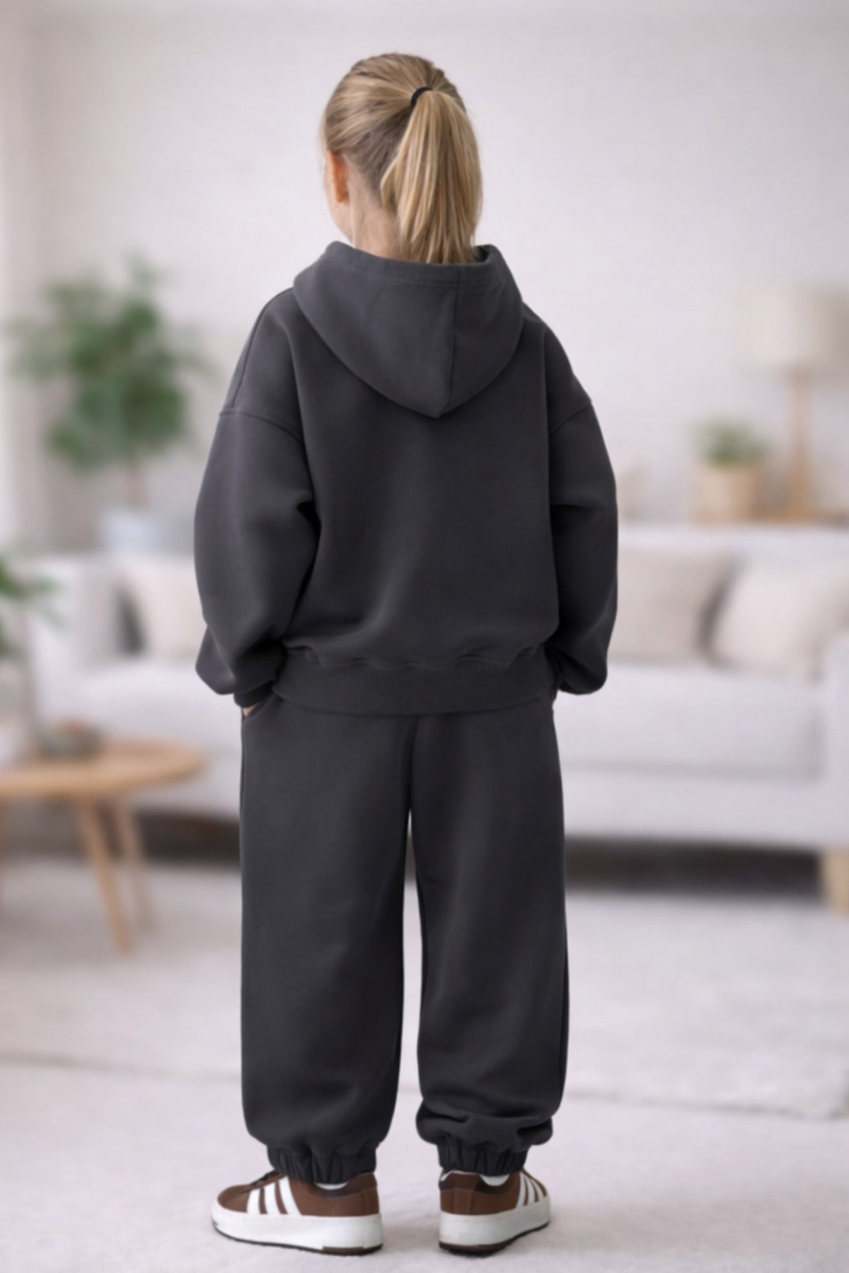 Çocuk Kapşonlu 3 İ̇plik Şardonlu Beli Bağlamalı Oversize Eşofman Takımı - Füme - 3