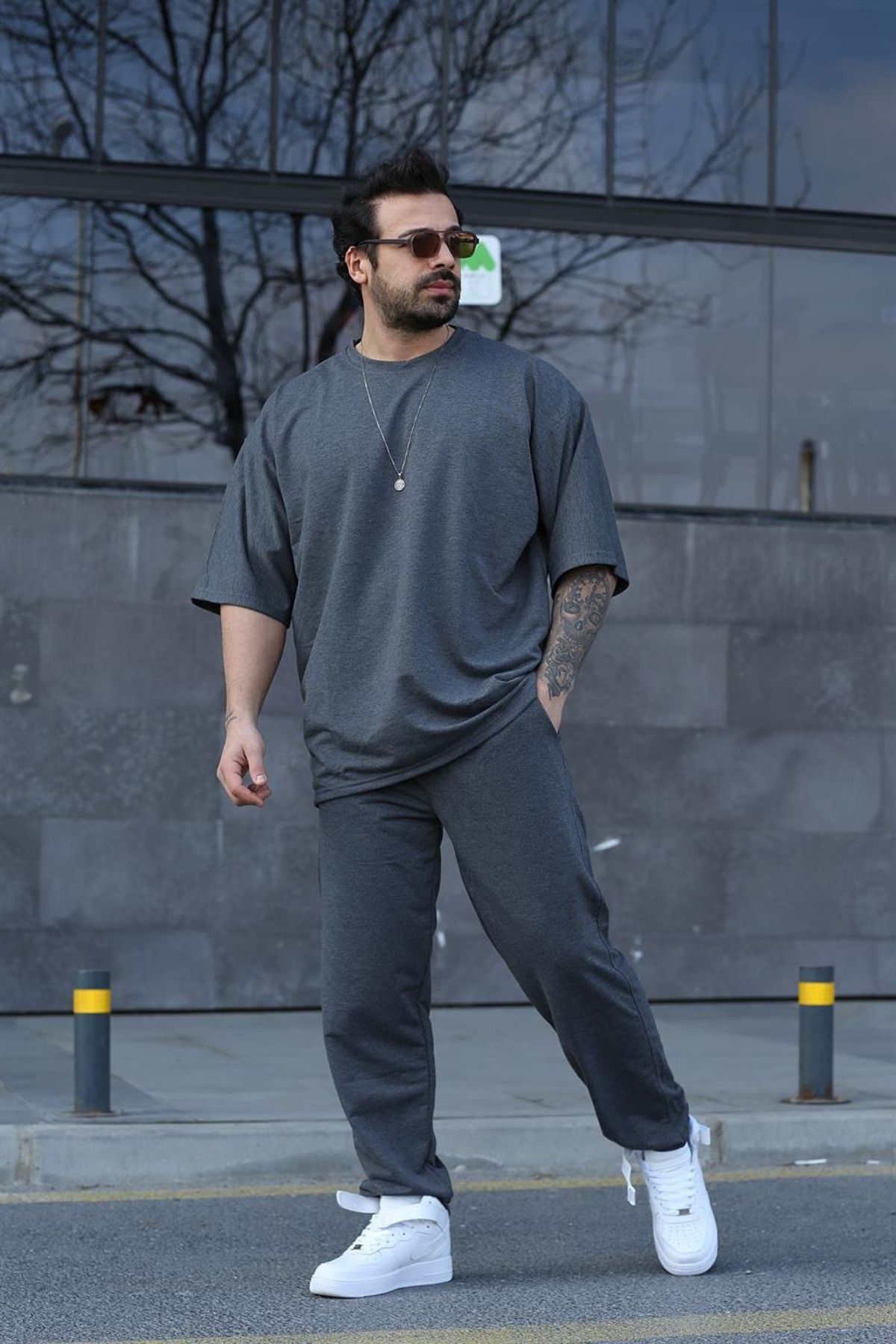 Erkek Gündelik Kısa Kollu T-shirt Pijama Takımı - Füme - 3