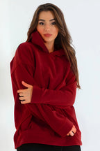 Kadın 3 İ̇plik Kanguru Cep Regular İ̇çi Pamuklu Oversize Okul Sweatshirt - Kırmızı - 3