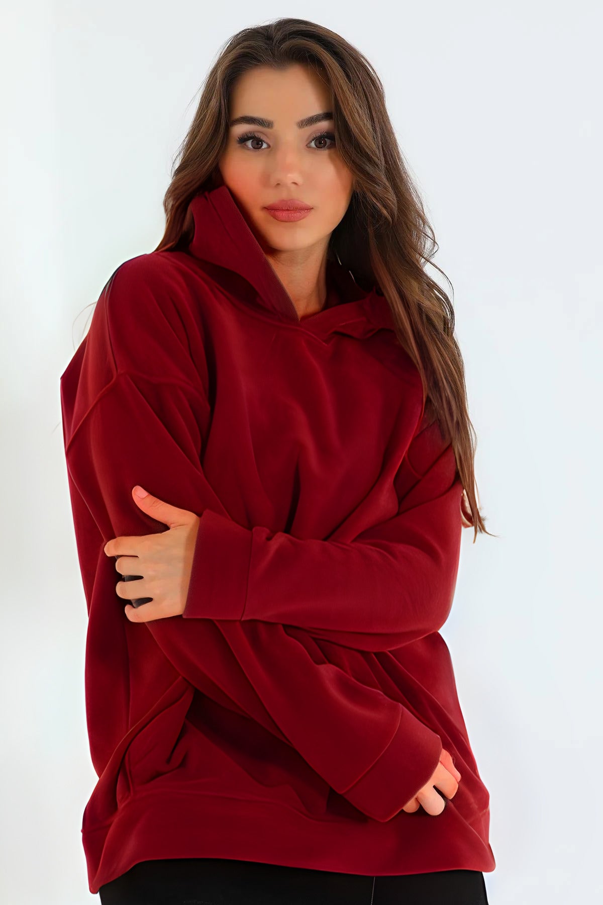 Kadın 3 İ̇plik Kanguru Cep Regular İ̇çi Pamuklu Oversize Okul Sweatshirt - Kırmızı - 3