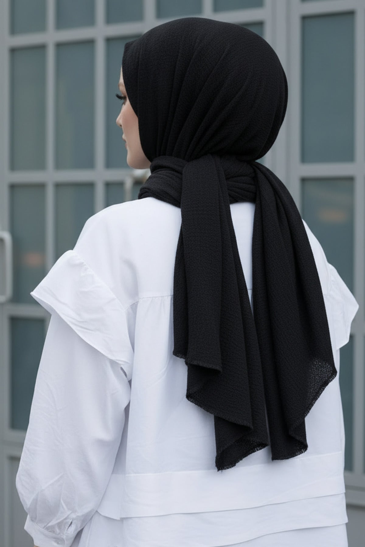 Kadın Dokulu Bürümcük Tesettür Şal 180x75 - Siyah - 3