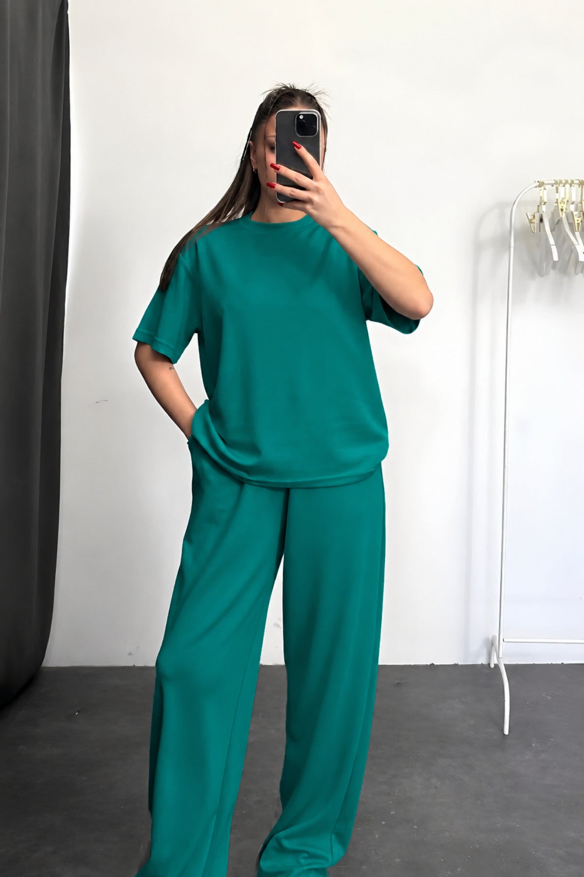 Kadın Kısa Kollu Oversize Süper Yüksek Bel Esnek Bisiklet Yaka Eşofman Takımı - Nefti Yeşili - 2