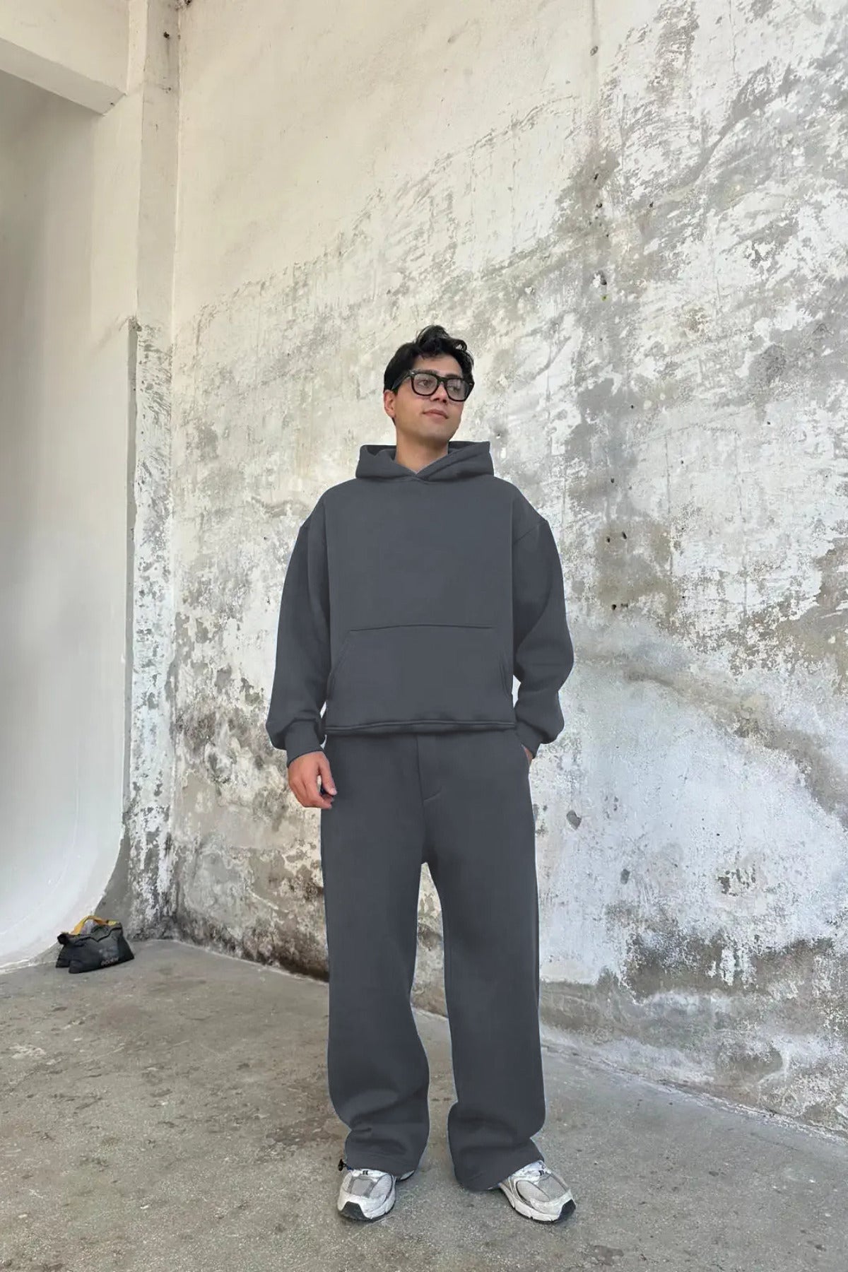 Erkek Bol Kalıp Kapşonlu Eşofman Takımı - Gri Melanj - 1