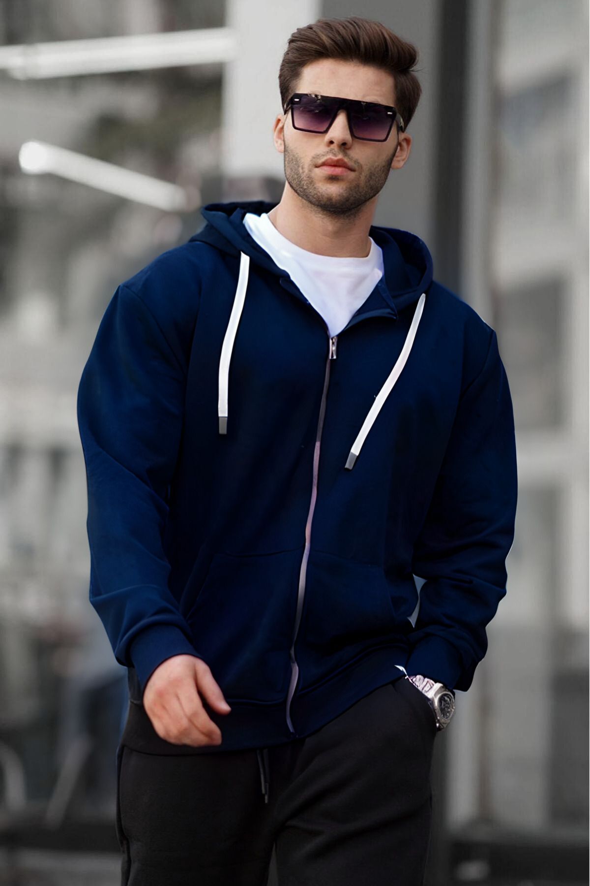 Laci̇vert Fermuarlı Kapüşonlu Erkek Sweatshirt - Lacivert - 1