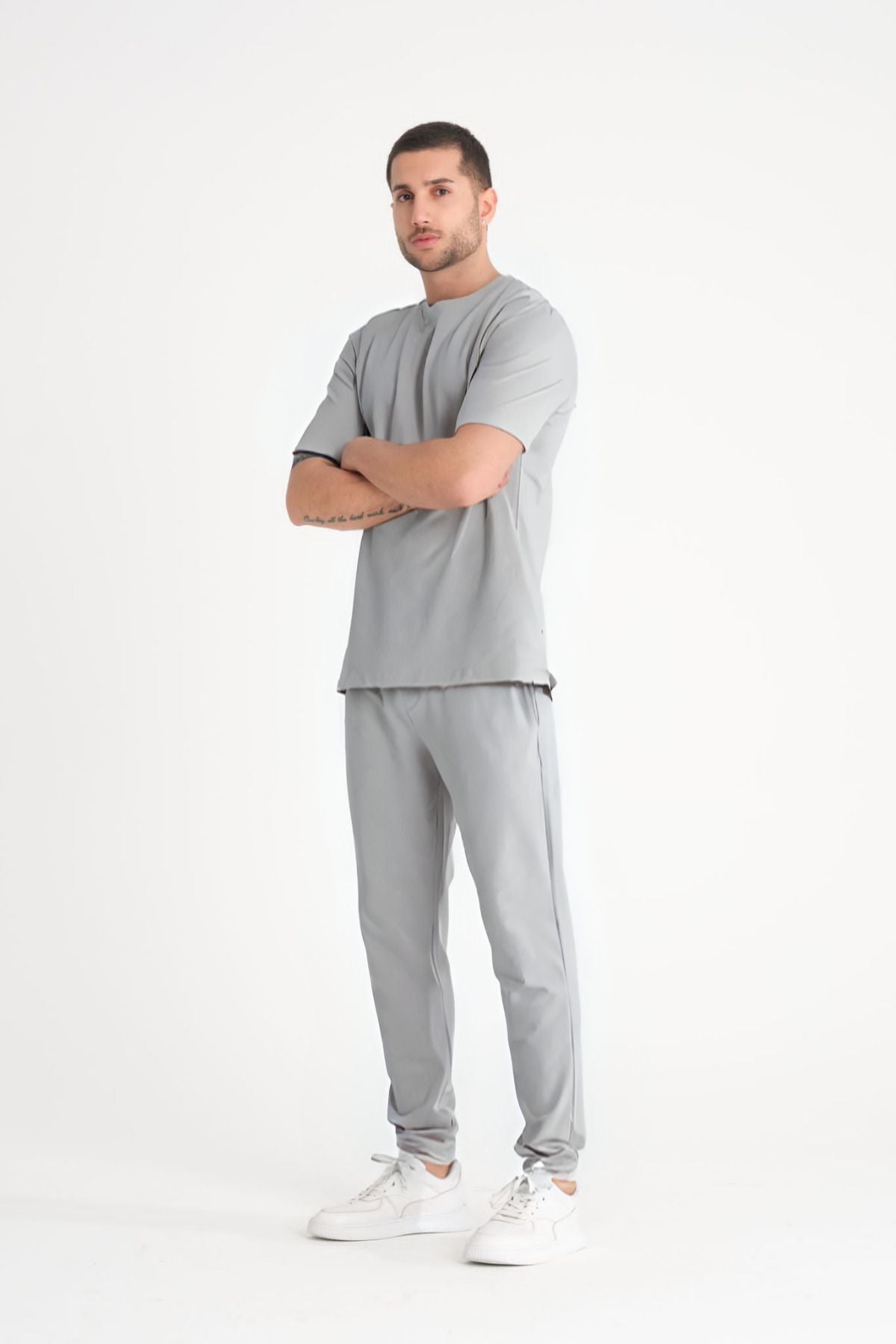 Erkek Kısa Kollu Pijama Takımı Bisiklet Yaka Oversize - Gri - 1