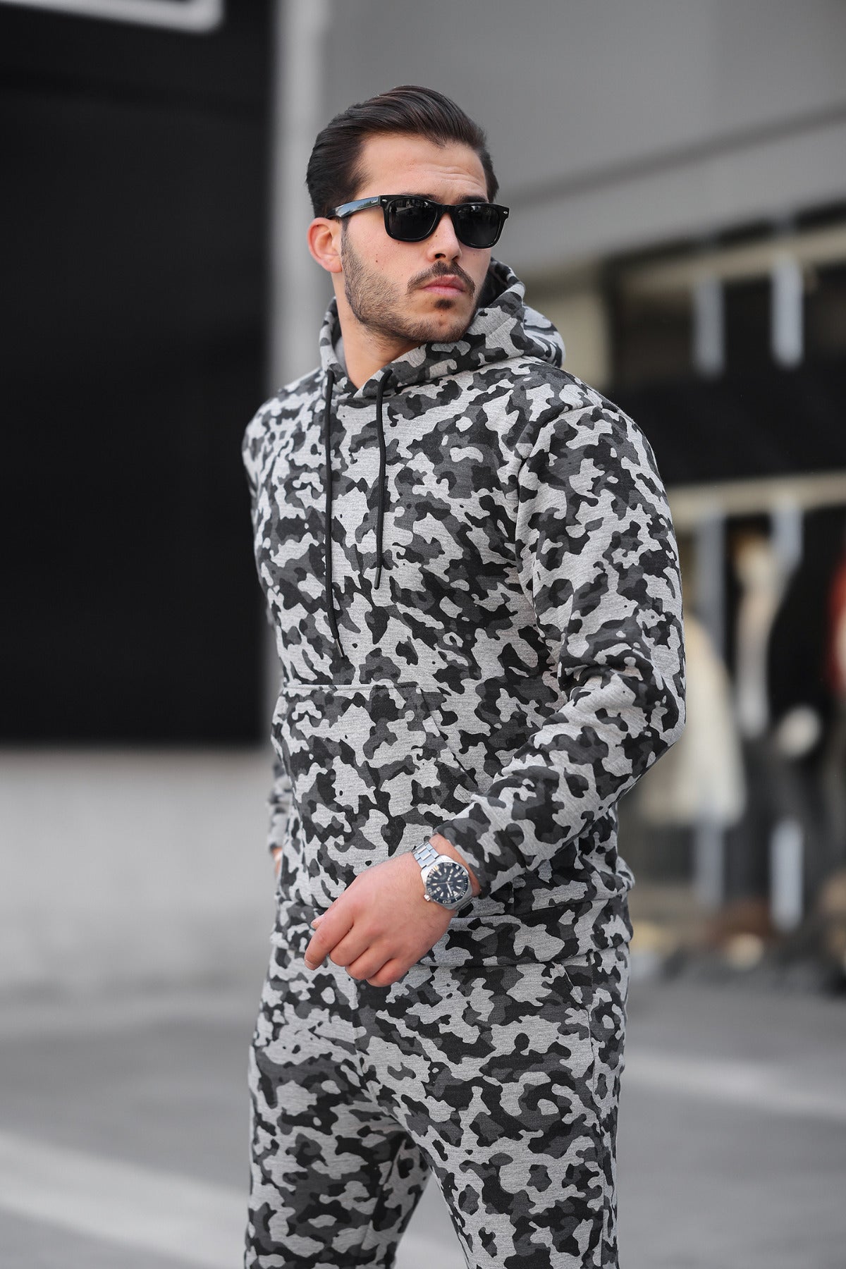 Erkek Bol Kesim Oversize 3 İ̇plik İ̇çi Pamuklu Şardonlu Kanguru Cep Kapşonlu Kışlık Hoodie Sweatshirt - Kamuflaj - 3