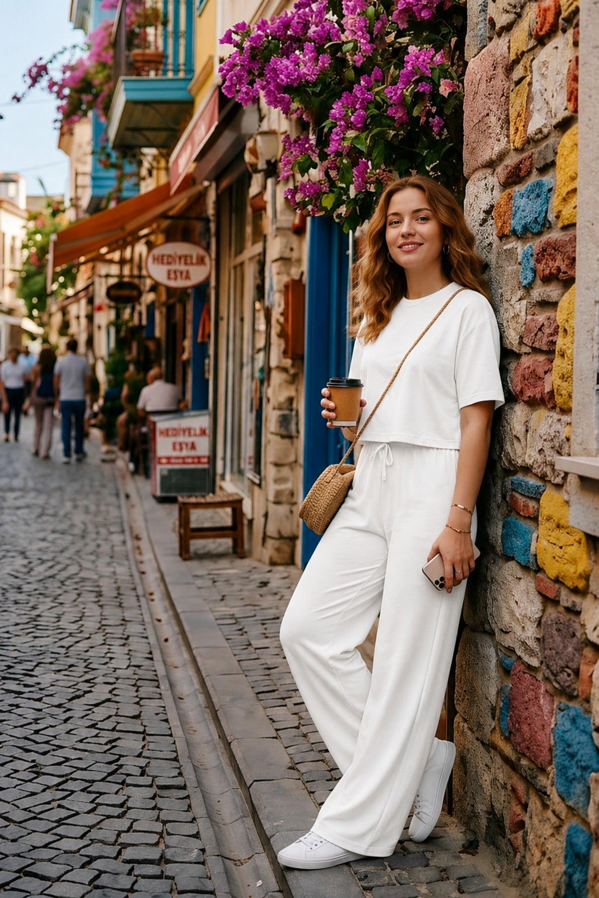 Kadin Yeni̇ Sezon Trend Kisa Kollu Li̇krali Süper Yüksek Bel Bol Paça Basic Beli̇ Bağlamali Yazlik Günlük Kullanima Uygun Alt-üst Takim - Beyaz - 2