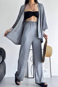 Kadın Bol Paça Palazzo Kimono Alt Üst Takım - GRİ - 1