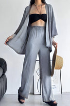 Kadın Bol Paça Palazzo Kimono Alt Üst Takım - GRİ - 1