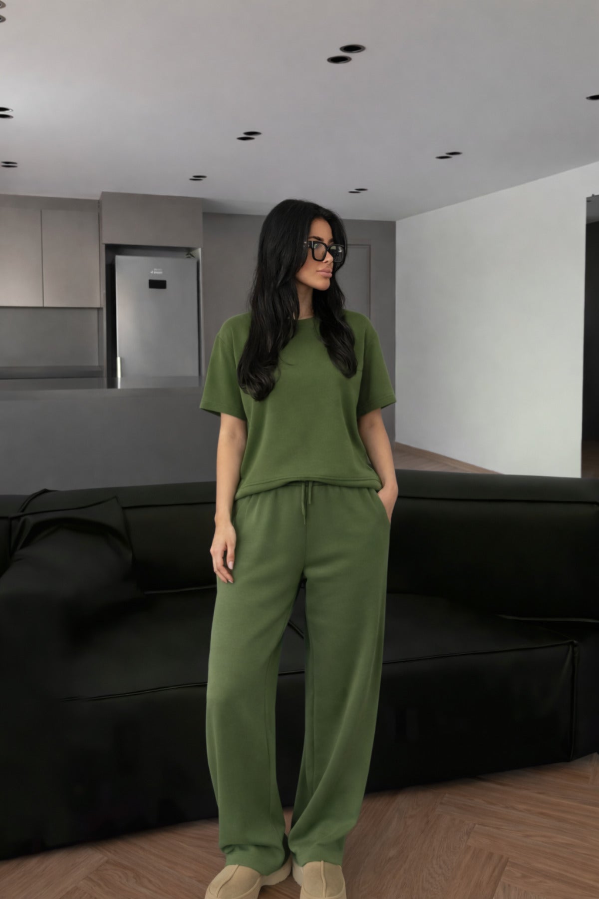 Kadın Kısa Kollu Oversize Süper Yüksek Bel Esnek Bisiklet Yaka Eşofman Takımı - Yeşil - 2