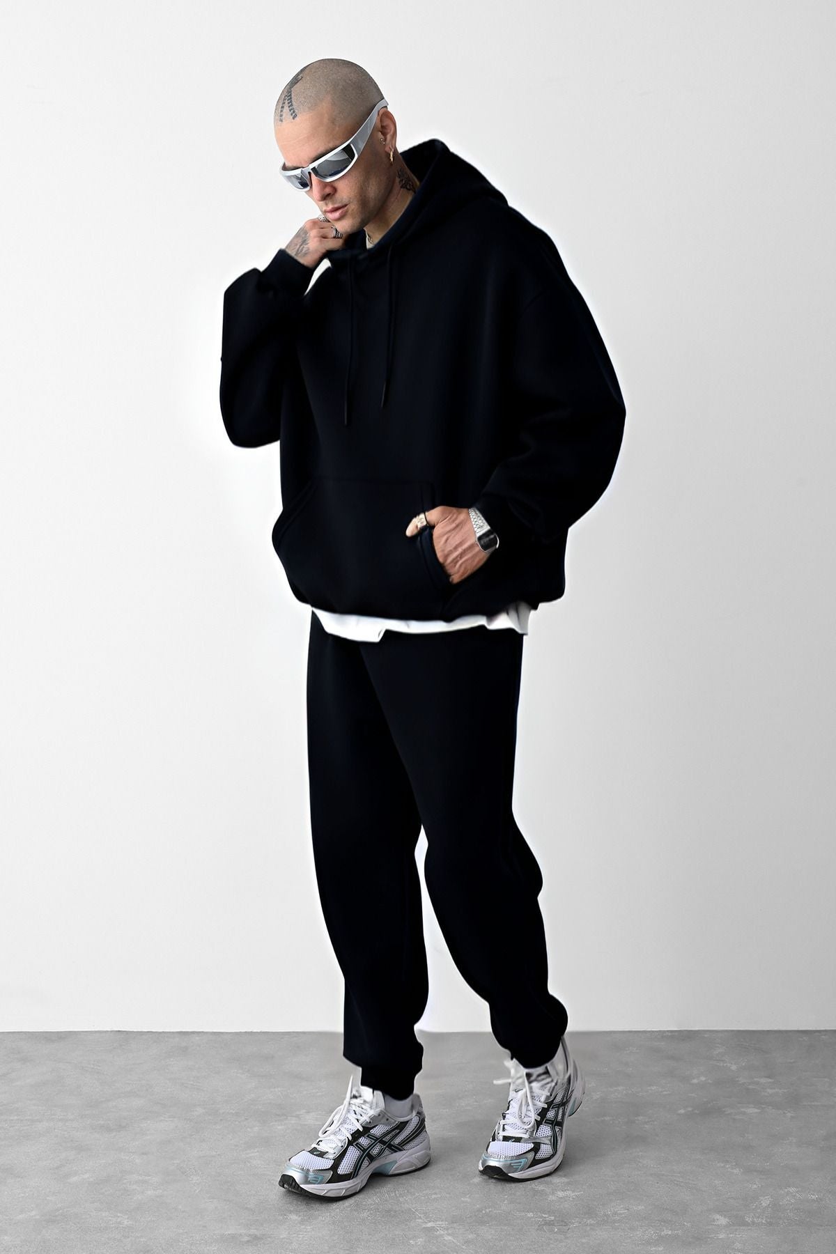 Erkek Siyah 3 İplik Kapşonlu Puf Yüksek Bel Eşofman Takımı - Siyah - 2