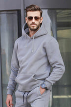 Erkek Bol Kesim Oversize 3 İ̇plik İ̇çi Pamuklu Şardonlu Kanguru Cep Kapşonlu Kışlık Hoodie Sweatshirt - Gri - 1