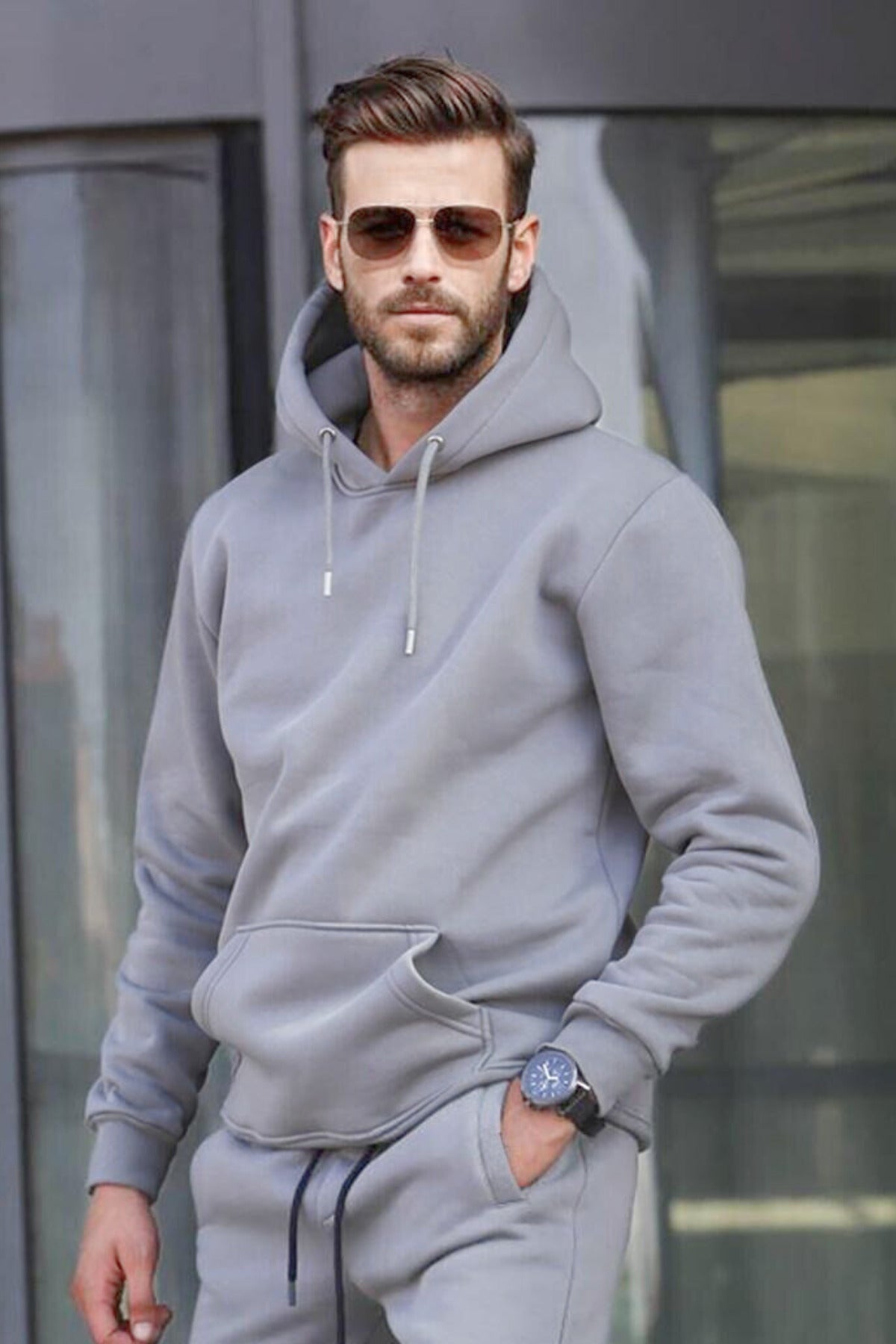 Erkek Bol Kesim Oversize 3 İ̇plik İ̇çi Pamuklu Şardonlu Kanguru Cep Kapşonlu Kışlık Hoodie Sweatshirt - Gri - 1