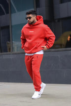 Erkek Yesterday Baskılı Oversize Kışlık Kanguru Cep Kapşonlu Jogger Eşofman Takımı - Kırmızı - 2