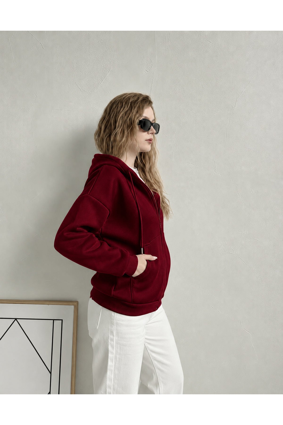 Kadin 3 İ̇pli̇k Kapüşonlu Fermuarli Oversi̇ze Sweatshirt Hirka - Bordo - 2