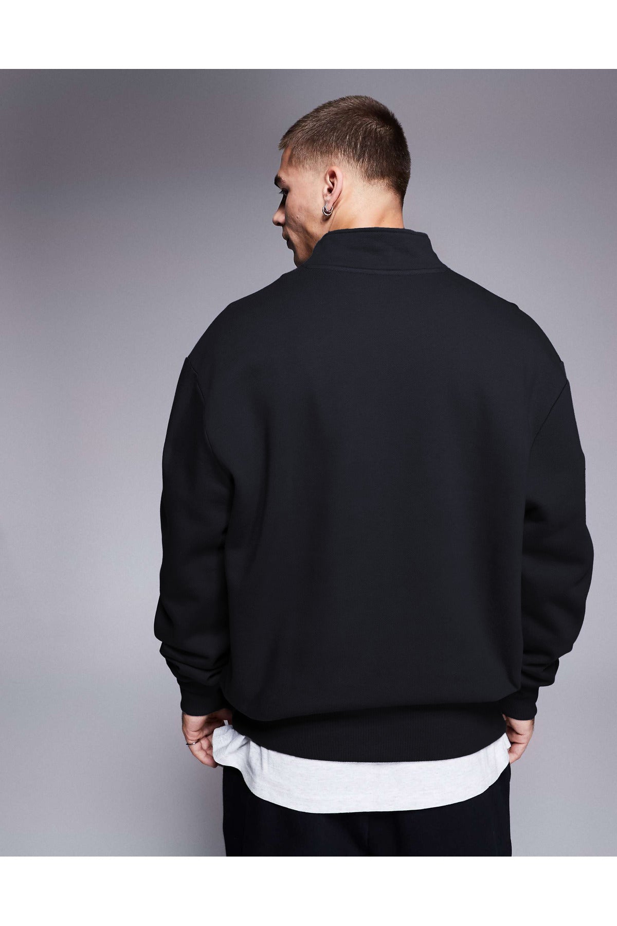 Erkek Yarım Fermuarlı Basic Oversize Dik Yaka Sweatshirt Kazak - Siyah - 2