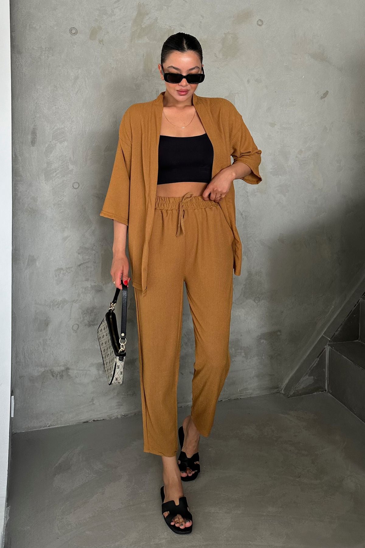Kadın Dökümlü Bürümcük Yazlık Palazzo Kimono Takım - CAMEL - 2