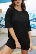 Kadın Oversize Penye Rahat Yazlık Kısa Kollu T-shirt - Siyah - 1