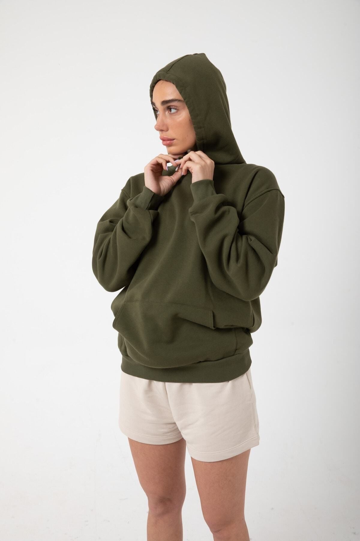 Kadın Haki İ̇çi Polar Sweatshirt Kapşonlu Cepli Günlük Stil Oversize Hoodie - Haki - 2