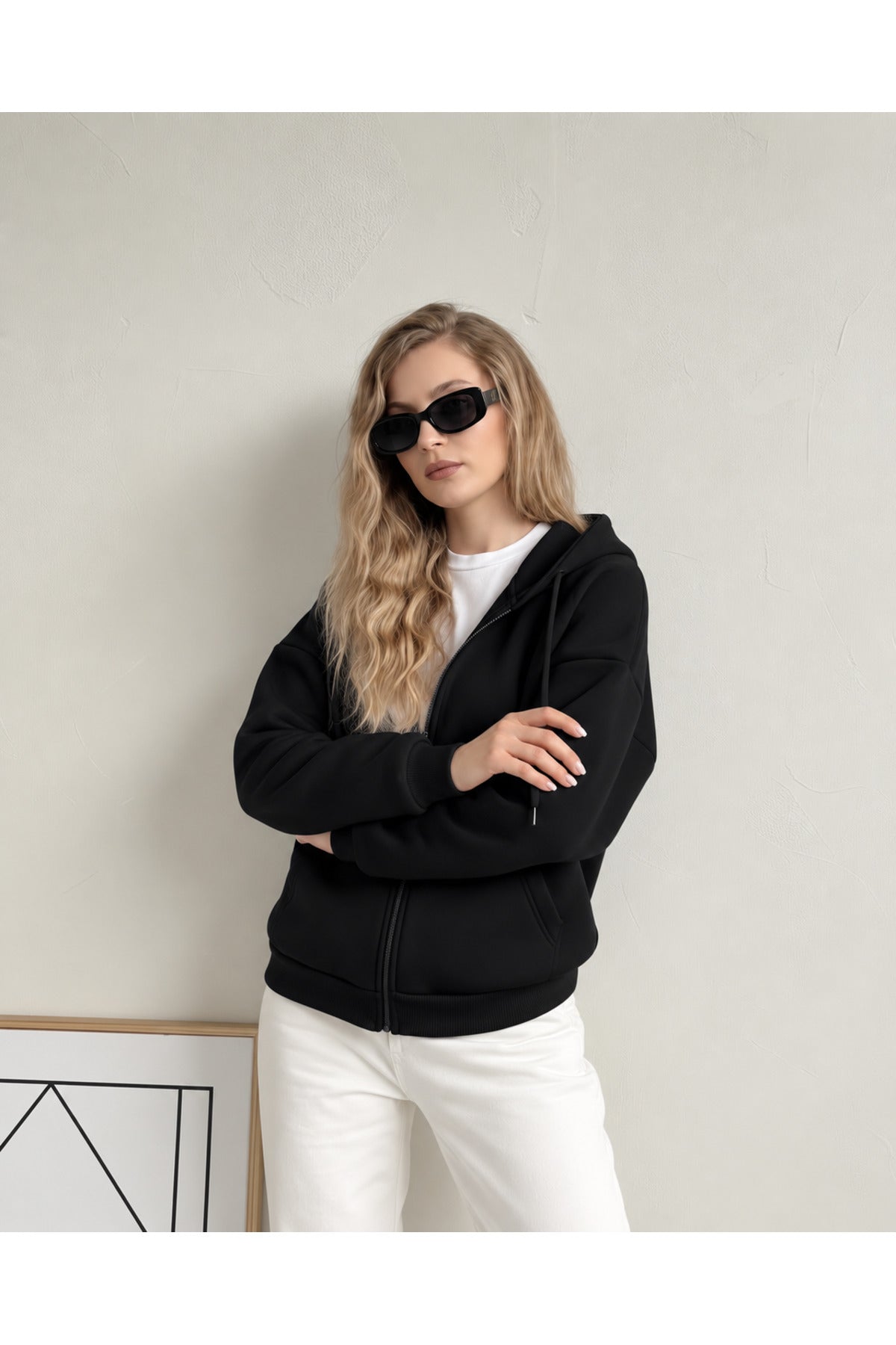 Kadin 3 İ̇pli̇k Kapüşonlu Fermuarli Oversi̇ze Sweatshirt Hirka - Siyah - 3
