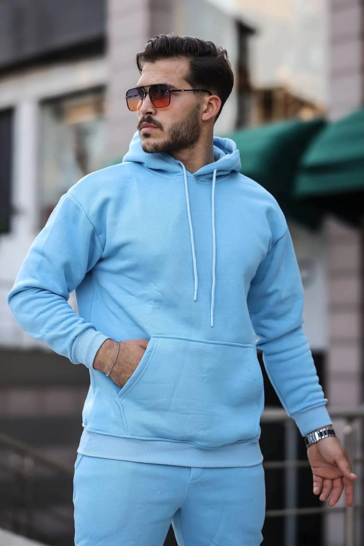 Erkek Oversize 3 İ̇plik İ̇çi Şardonlu Paçası Lastikli Kapüşonlu Kangur Cep Kalın Eşofman Takımı - Bebe Mavisi - 3