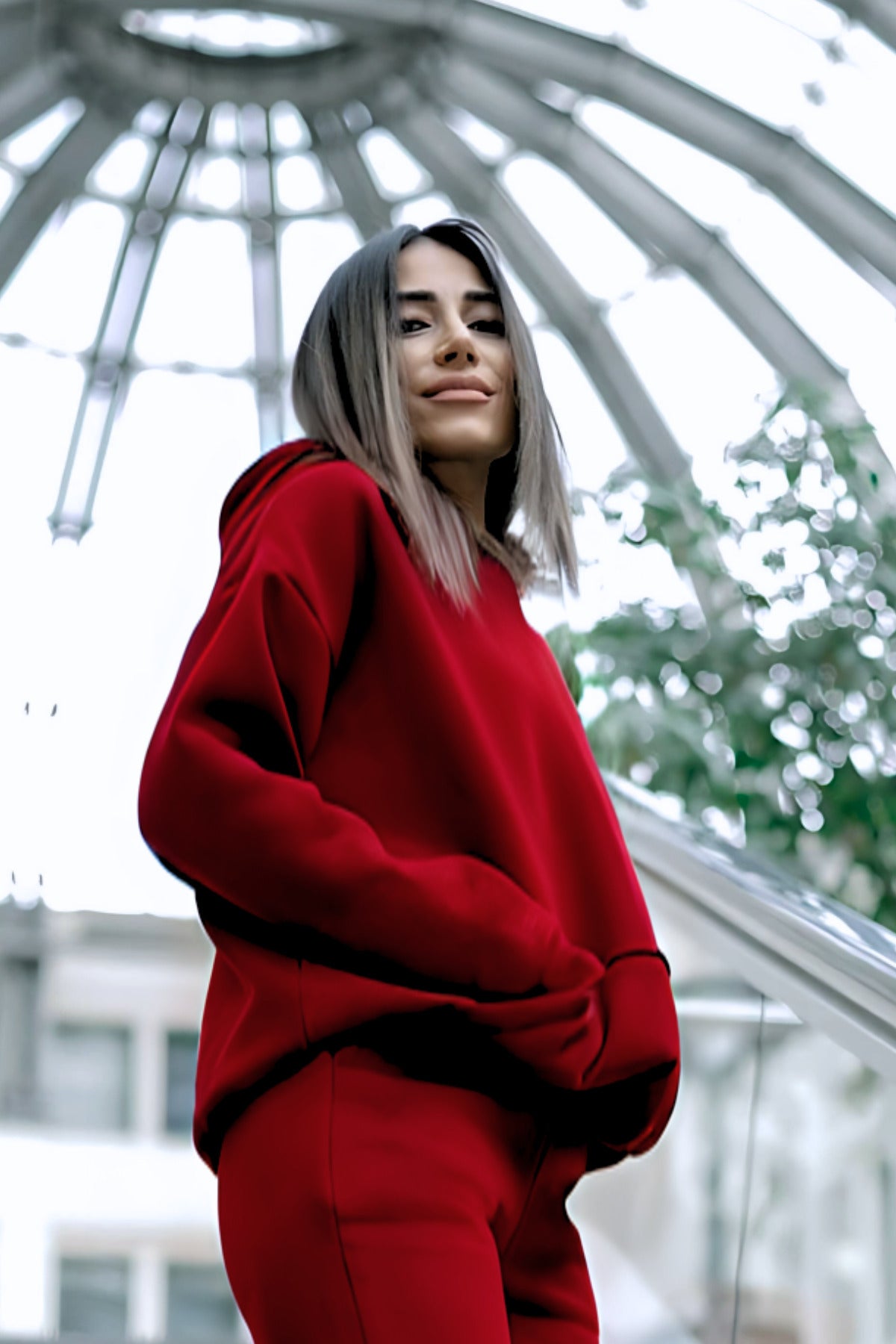 Kadın Pamuklu Bisiklet Yaka Sweatshirt - Bordo - 2