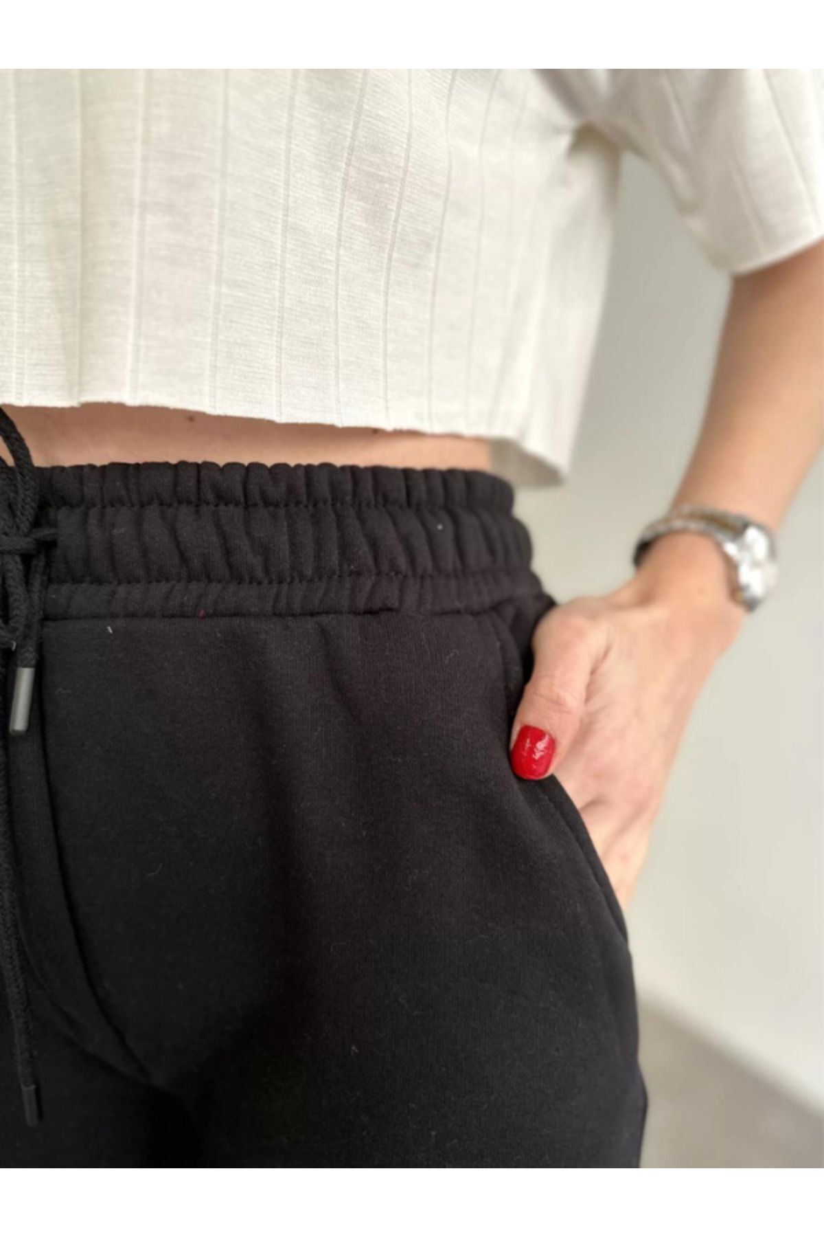 Unisex Kadın Siyah Kalın 3 İ̇plik Basic Jogger Örme Eşofman Altı - Siyah - 4