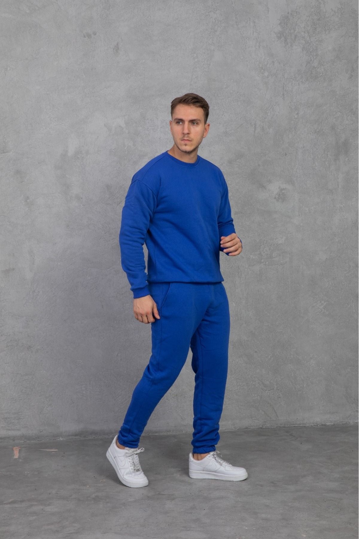 Erkek Bisiklet Yaka Oversize Salaş Bol Eşofman Takımı - Saks Mavisi - 2