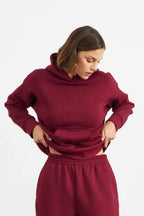Kadın Yumuşak Kumaş Geniş Kalıp Hoodie Sweatshirt - Bordo - 1