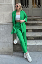 Kadın Dökümlü Bürümcük Yazlık Palazzo Trend Kimono Takım - Yeşil - 2