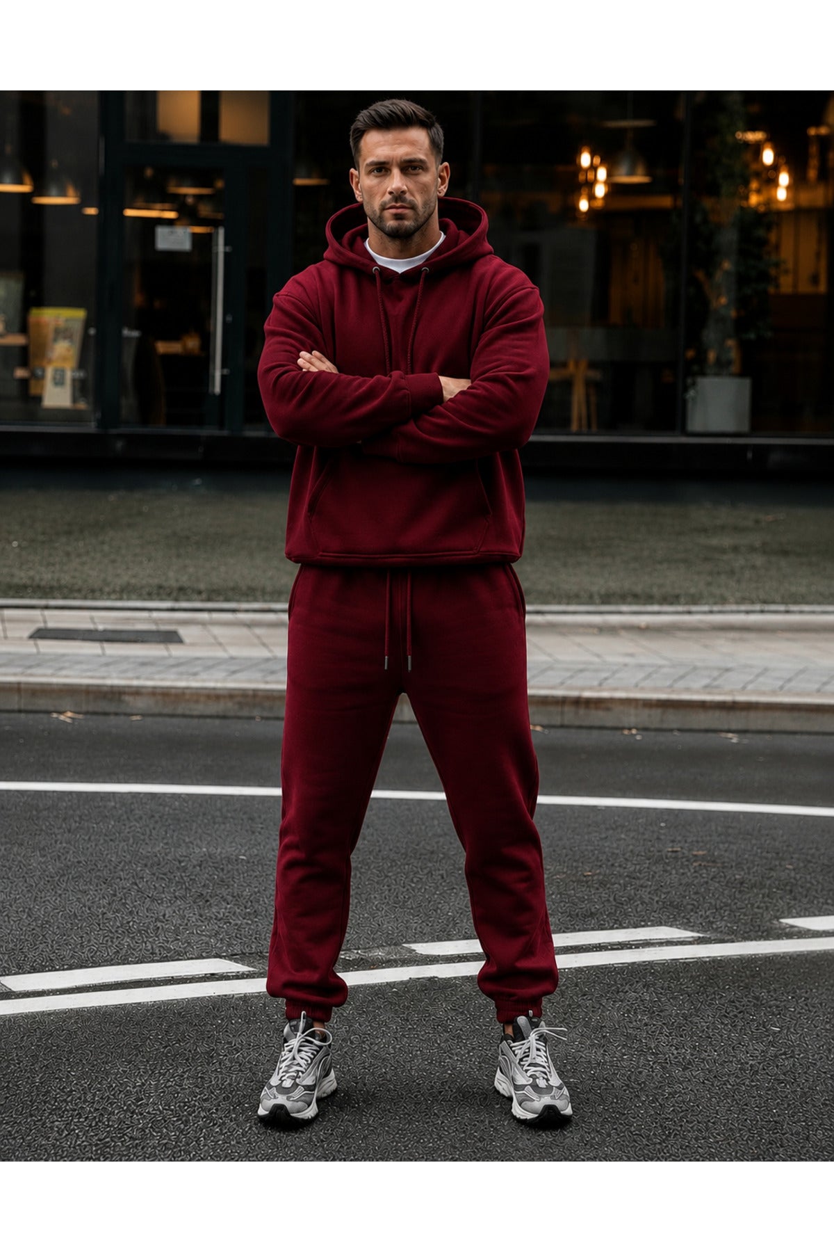Erkek 3 İ̇pli̇k Kapüşonlu Jogger Lasti̇k Paça Eşofman Takimi - Bordo - 3
